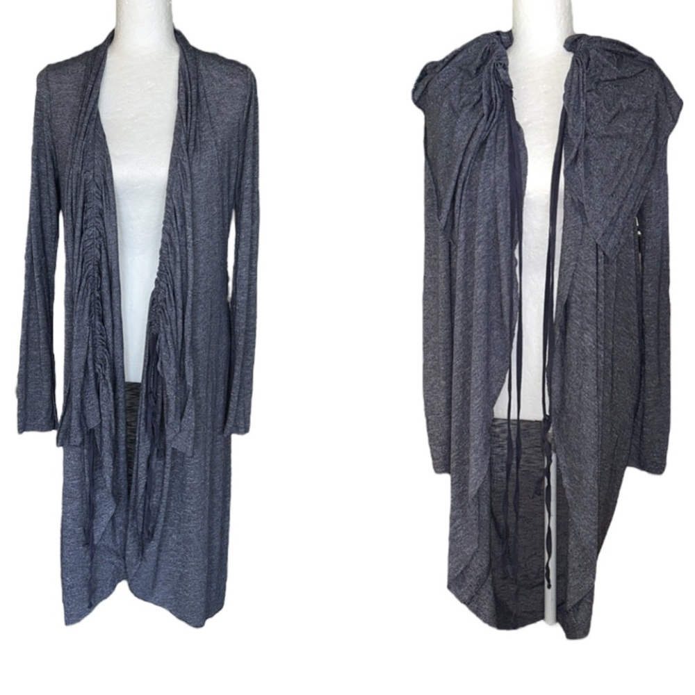 Michael Stars Heather Blue Drawstring Ruched Draped Long Cardigan Duster - OS